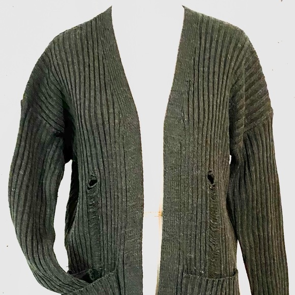 Sadie & Sage, EUC, Distressed Sweater, Open Front,  Charcoal Gray Cardigan, Med - Picture 3 of 14